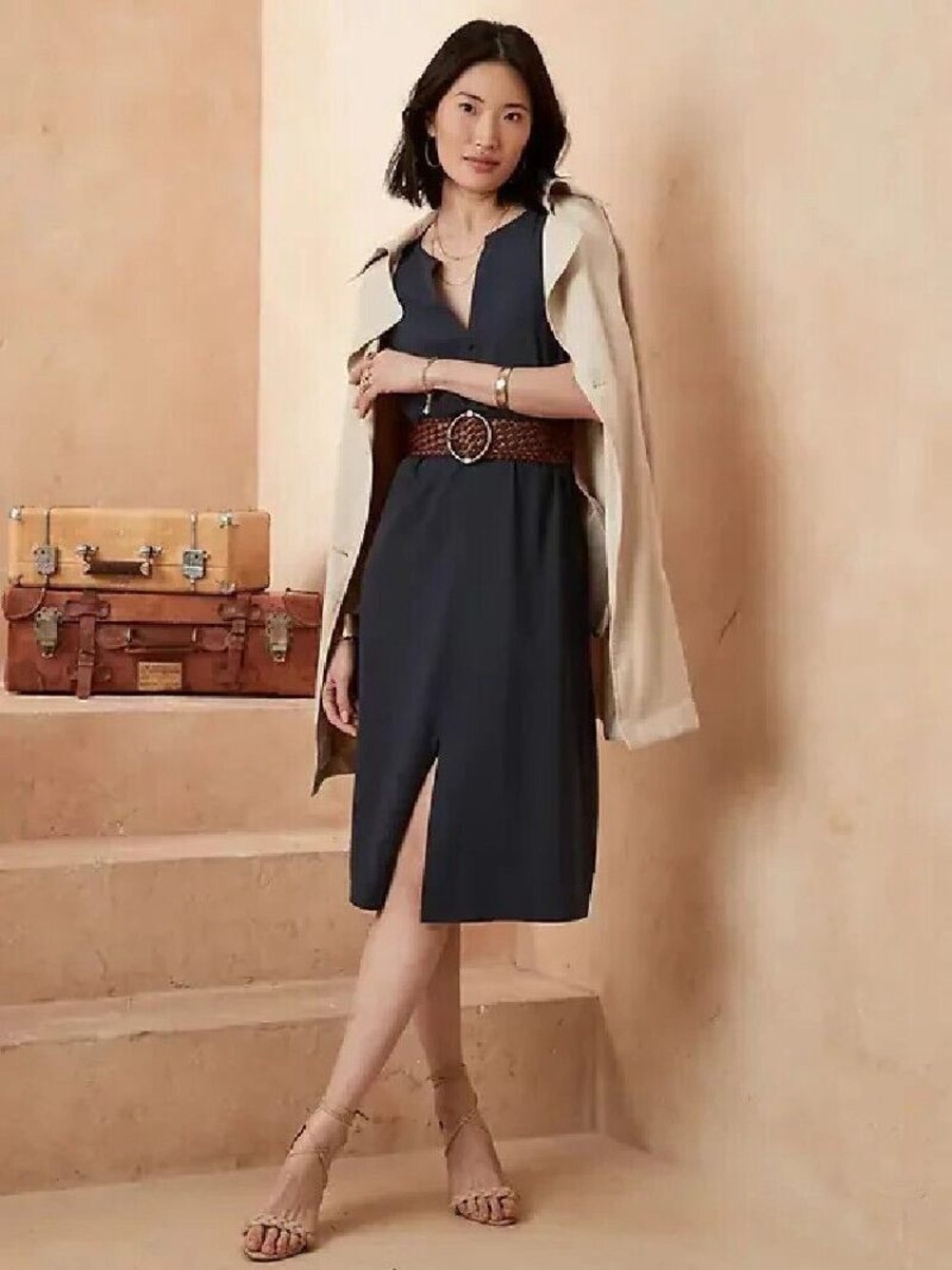 Banana Republic Belted Navy V-Neck Sleeveless Midi Dress with Front Slit